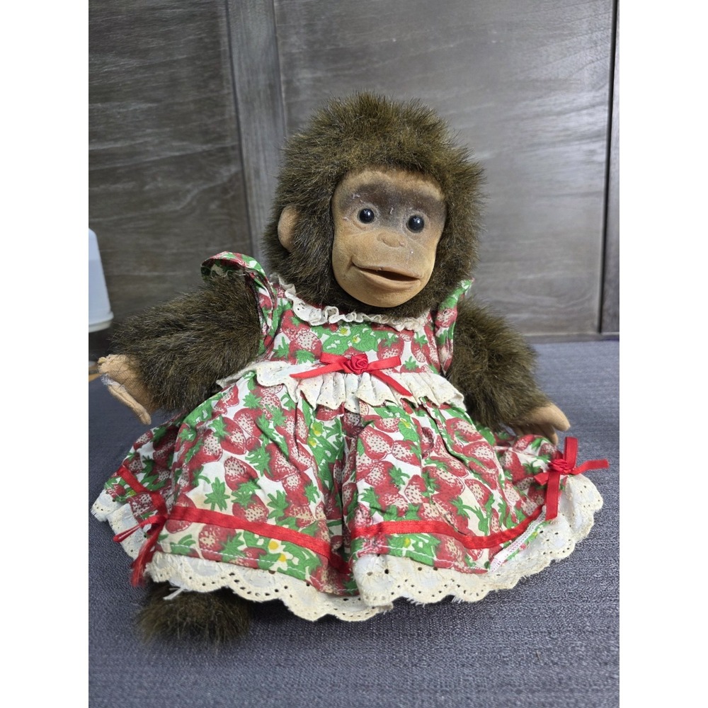Vintage 1994 Hosung Plush Monkey‎ Strawberry Dress Stuffed Animal